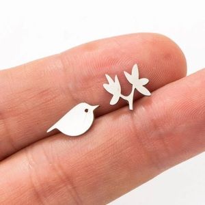 Copy 🍃 Adorable Metallic Dainty Mismatched Bird And Leaf Branch Stud Earrings 🐦